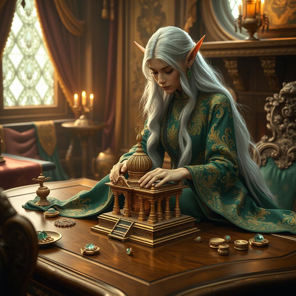 A rich female elf with long, flowing silver hair, elegantly dressed in luxurious robes adorned with intricate patterns of gold and emerald, sitting gracefully on a grand oak table