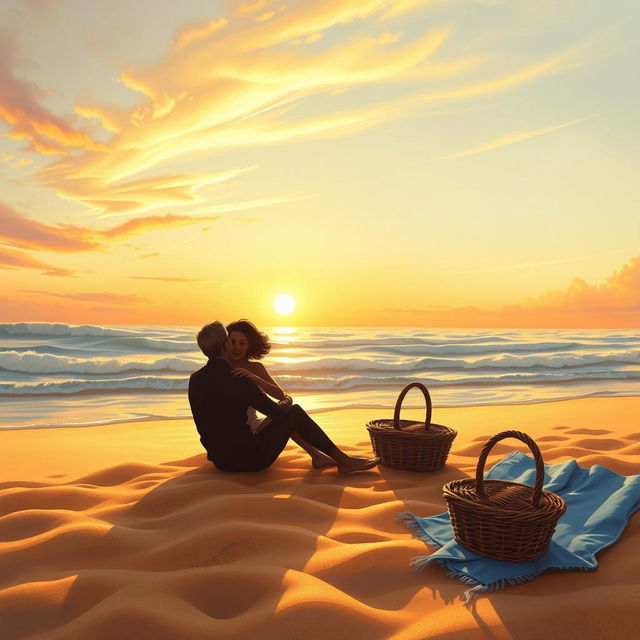 A detailed and artistic depiction of a serene beach scene at sunset, with golden sand and gentle waves