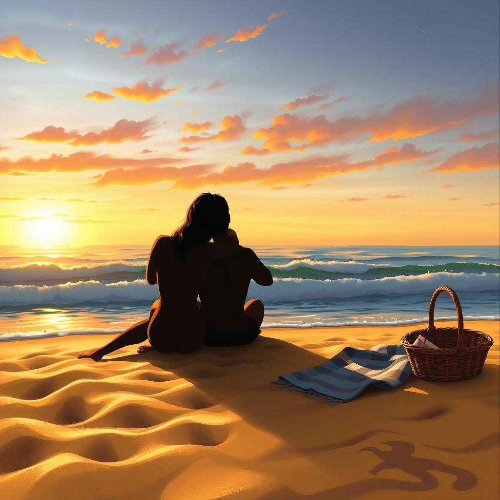 A detailed and artistic depiction of a serene beach scene at sunset, with golden sand and gentle waves