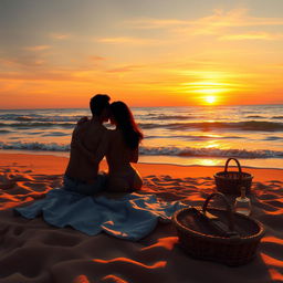A detailed and artistic depiction of a serene beach scene at sunset, with golden sand and gentle waves