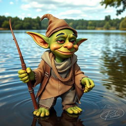 A whimsical goblin fisherman with green skin and pointy ears, holding a fishing rod in one hand