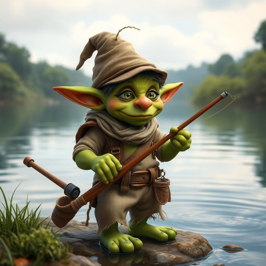 A whimsical goblin fisherman with green skin and pointy ears, holding a fishing rod in one hand