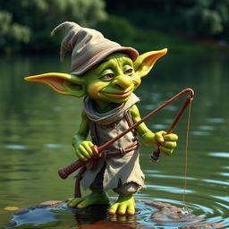 A whimsical goblin fisherman with green skin and pointy ears, holding a fishing rod in one hand