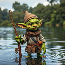 A whimsical goblin fisherman with green skin and pointy ears, holding a fishing rod in one hand