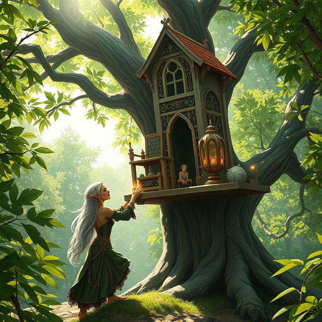 A wealthy female elf, with long flowing silver hair and elegant attire, skillfully constructing a beautiful tree house among lush green trees