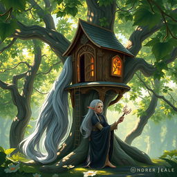 A wealthy female elf, with long flowing silver hair and elegant attire, skillfully constructing a beautiful tree house among lush green trees