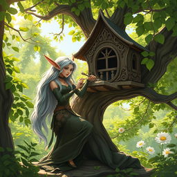 A wealthy female elf, with long flowing silver hair and elegant attire, skillfully constructing a beautiful tree house among lush green trees