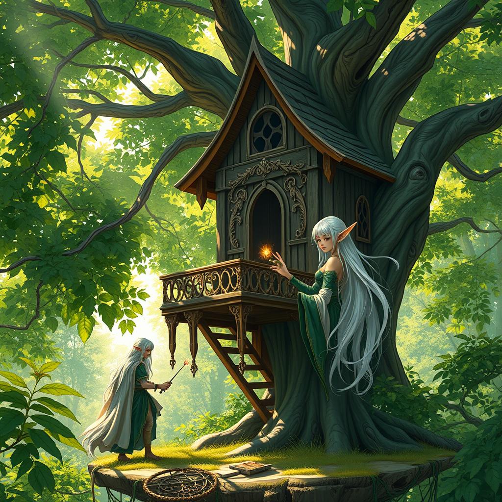 A wealthy female elf, with long flowing silver hair and elegant attire, skillfully constructing a beautiful tree house among lush green trees