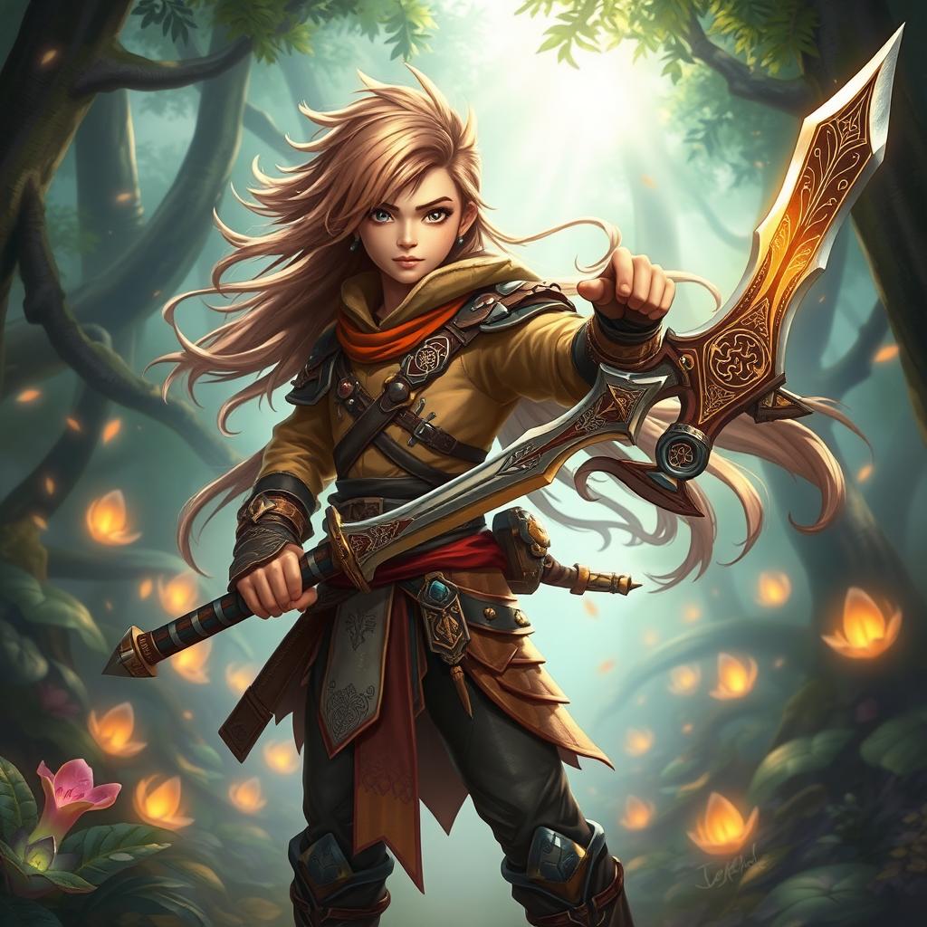 A vibrant depiction of a young warrior, showcasing a unique blend of traditional and futuristic attire
