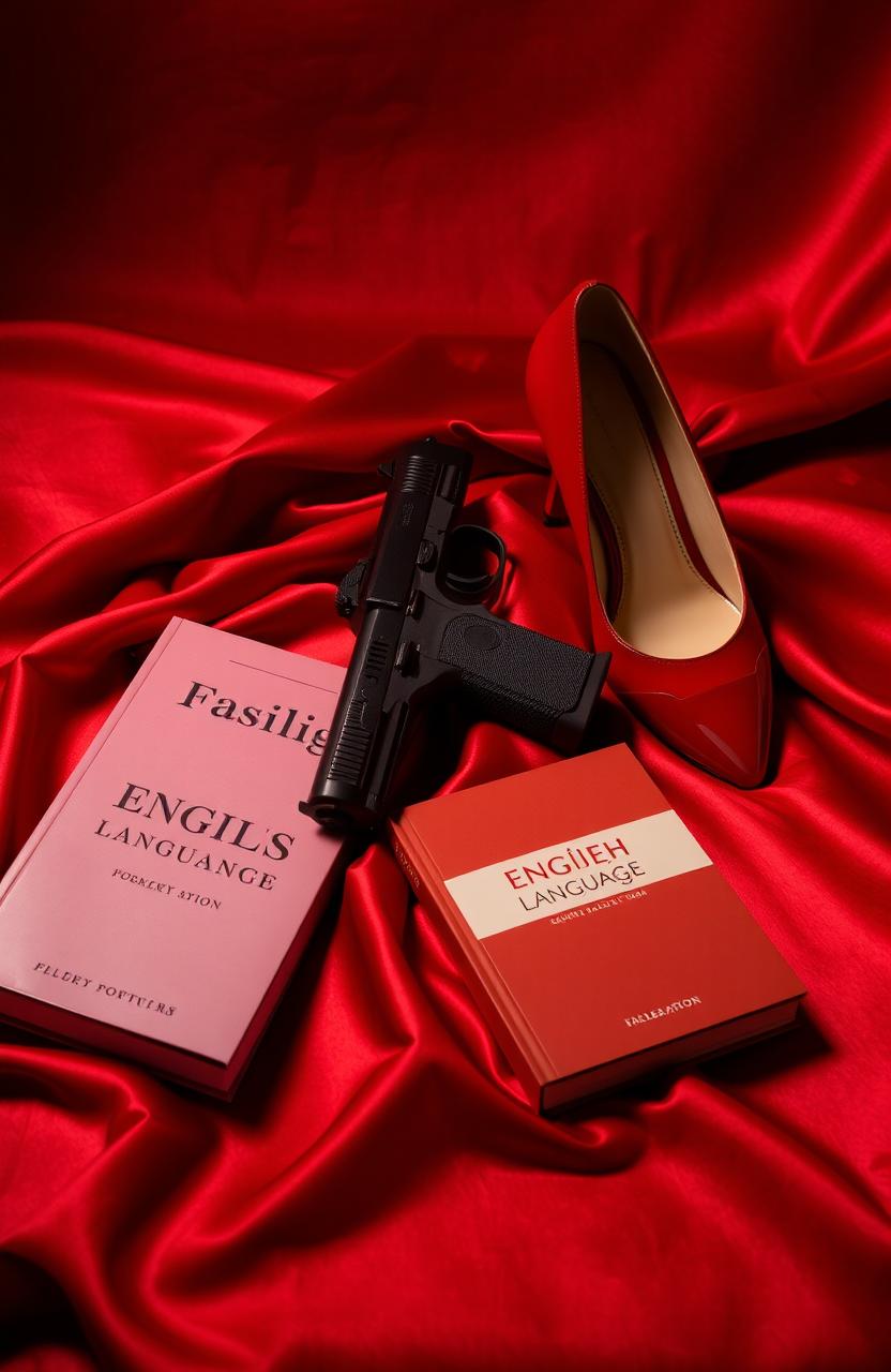 A vivid still life composition featuring a pistol, an English language textbook, and a pair of red high heels