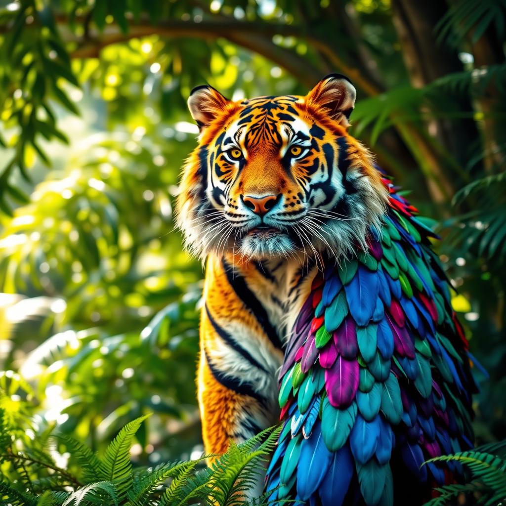 A majestic Bengal tiger adorned with vibrant, colorful feathers