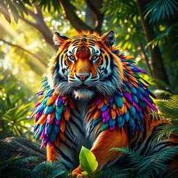 A majestic Bengal tiger adorned with vibrant, colorful feathers