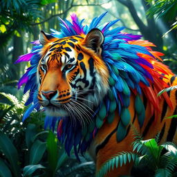 A majestic Bengal tiger adorned with vibrant, colorful feathers