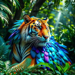 A majestic Bengal tiger adorned with vibrant, colorful feathers
