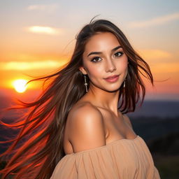 A beautiful young woman standing against a picturesque sunset background, with long, flowing hair that cascades down her back