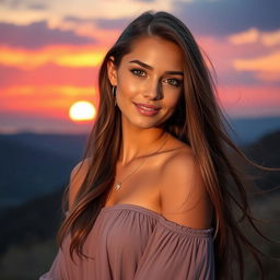 A beautiful young woman standing against a picturesque sunset background, with long, flowing hair that cascades down her back