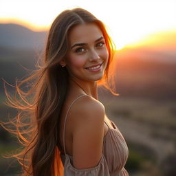 A beautiful young woman standing against a picturesque sunset background, with long, flowing hair that cascades down her back