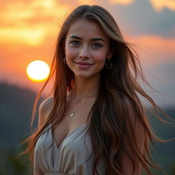 A beautiful young woman standing against a picturesque sunset background, with long, flowing hair that cascades down her back