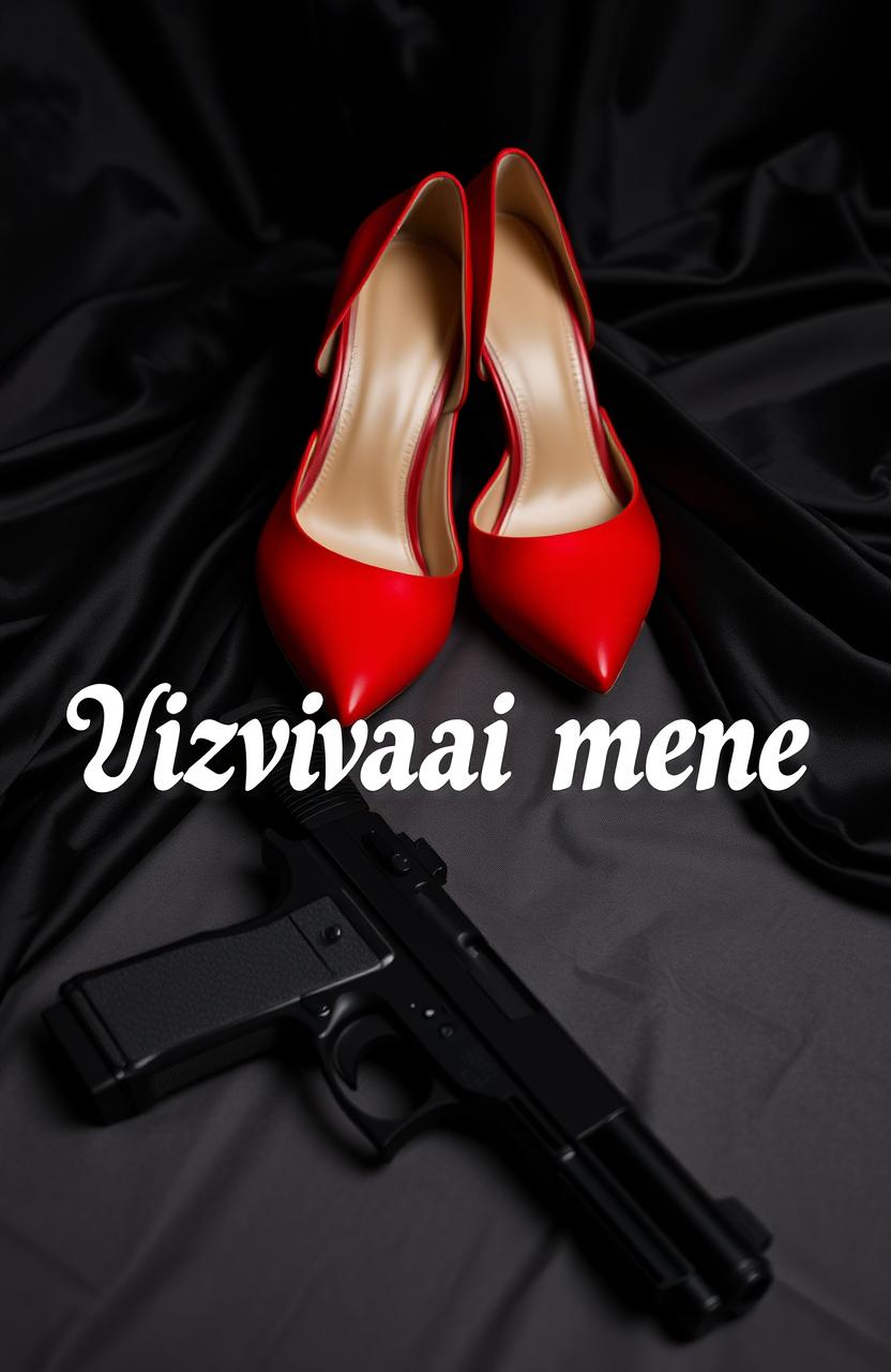 A striking image featuring a pair of red high-heeled shoes positioned elegantly on luxurious black silk