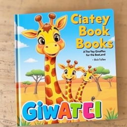 A colorful cartoon book cover featuring a loving mother giraffe and her two playful baby giraffes