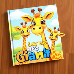 A colorful cartoon book cover featuring a loving mother giraffe and her two playful baby giraffes