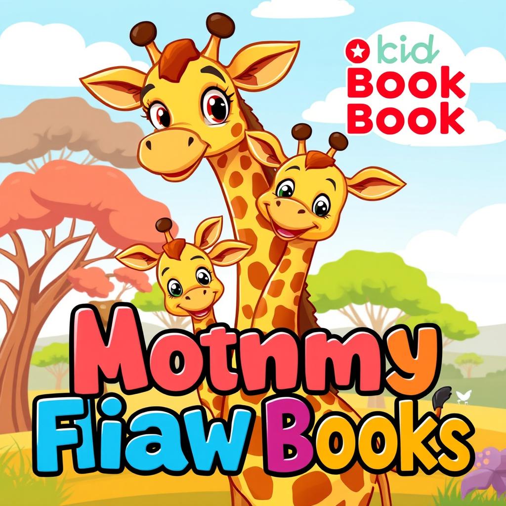 A colorful cartoon book cover featuring a loving mother giraffe and her two playful baby giraffes