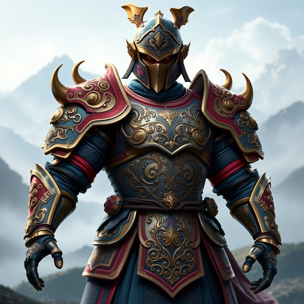 A detailed and intricate design of Ying armor, inspired by Asian mythology and aesthetics