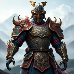 A detailed and intricate design of Ying armor, inspired by Asian mythology and aesthetics