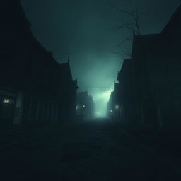 A haunting, dark, misty cityscape where distant lights flicker through thick fog