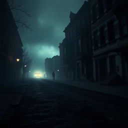 A haunting, dark, misty cityscape where distant lights flicker through thick fog