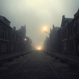 A haunting, dark, misty cityscape where distant lights flicker through thick fog