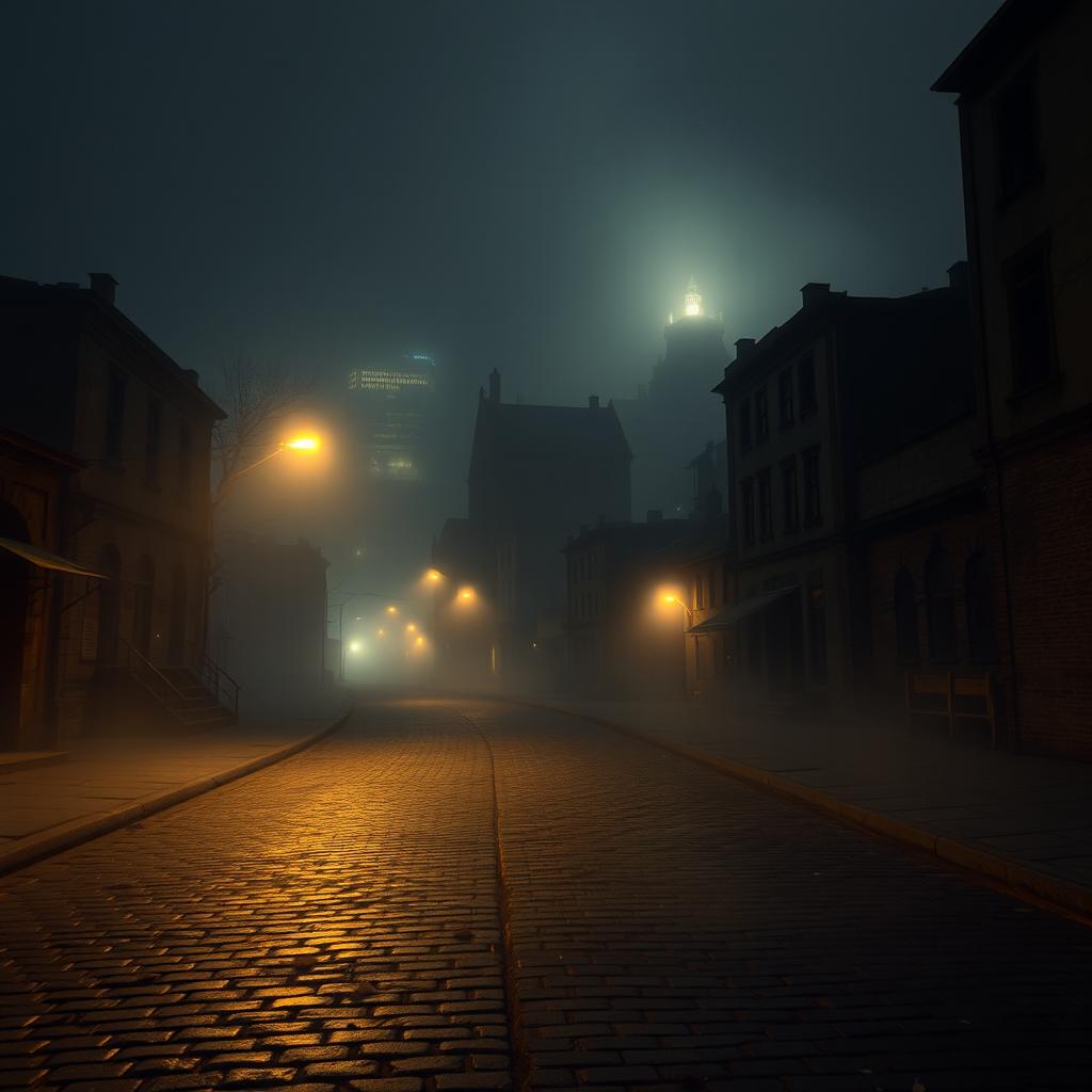 A haunting, dark, misty cityscape where distant lights flicker through thick fog