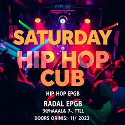A vibrant and energetic Instagram post design for a club event, featuring a lively background scene of people dancing and having fun at a hip hop club