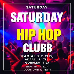 A vibrant and energetic Instagram post design for a club event, featuring a lively background scene of people dancing and having fun at a hip hop club