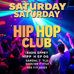 A vibrant and energetic Instagram post design for a club event, featuring a lively background scene of people dancing and having fun at a hip hop club