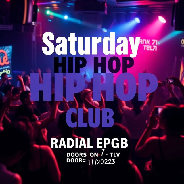 A vibrant and energetic Instagram post design for a club event, featuring a lively background scene of people dancing and having fun at a hip hop club