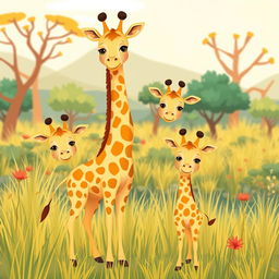 A beautiful and whimsical illustration featuring a stylish and charming family of giraffes