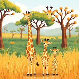 A beautiful and whimsical illustration featuring a stylish and charming family of giraffes