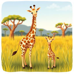 A beautiful and whimsical illustration featuring a stylish and charming family of giraffes
