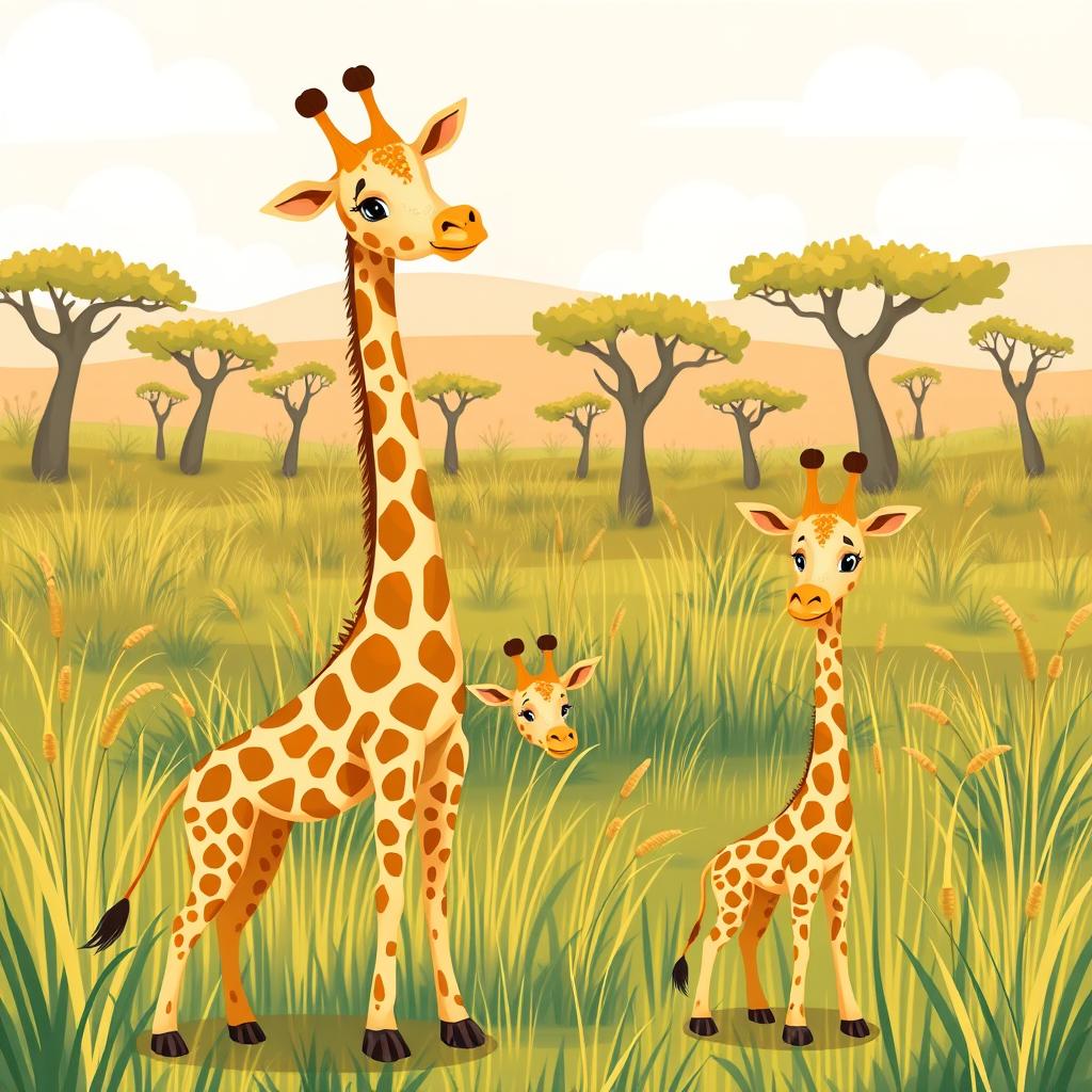 A beautiful and whimsical illustration featuring a stylish and charming family of giraffes