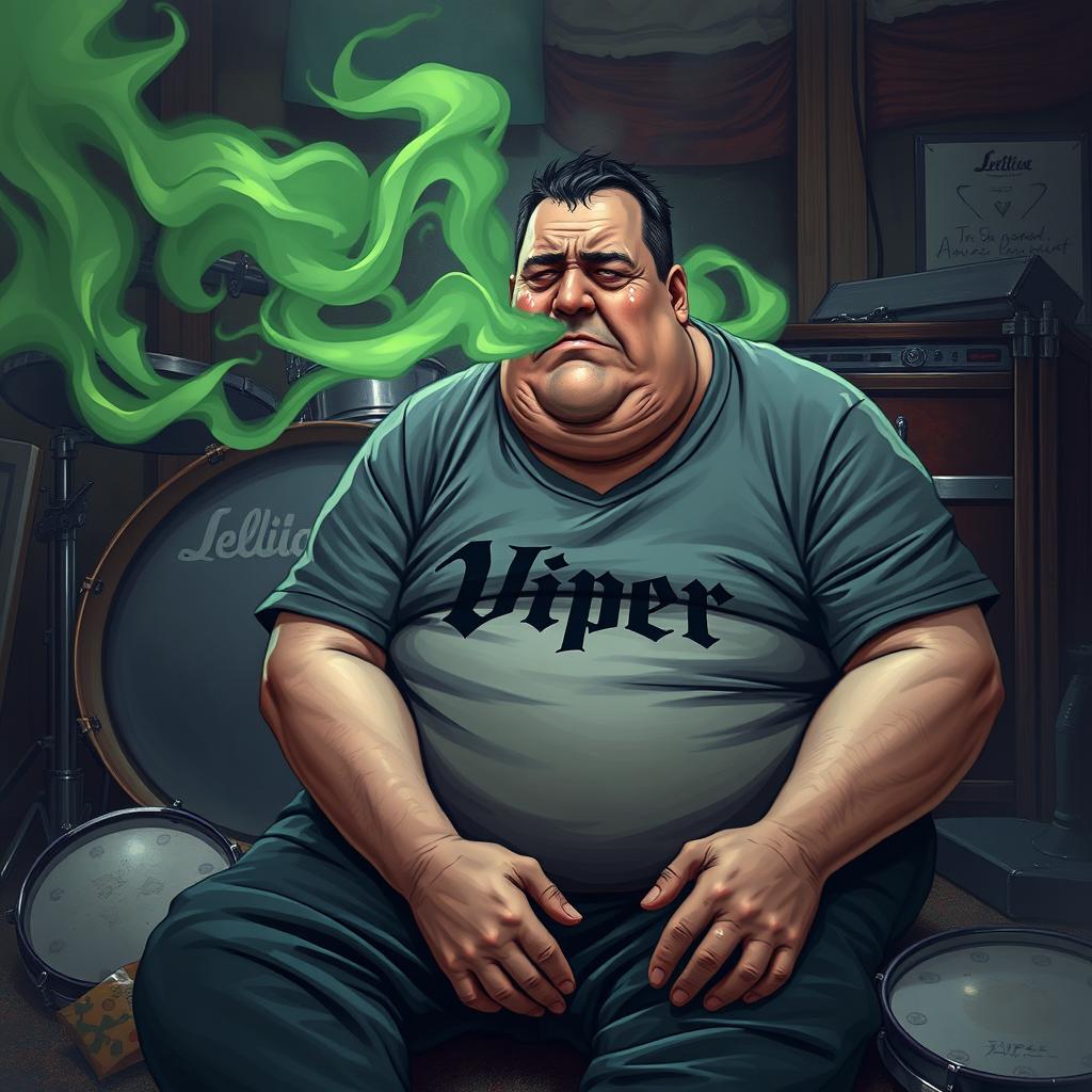 A very overweight man sitting in front of a broken drum, crying