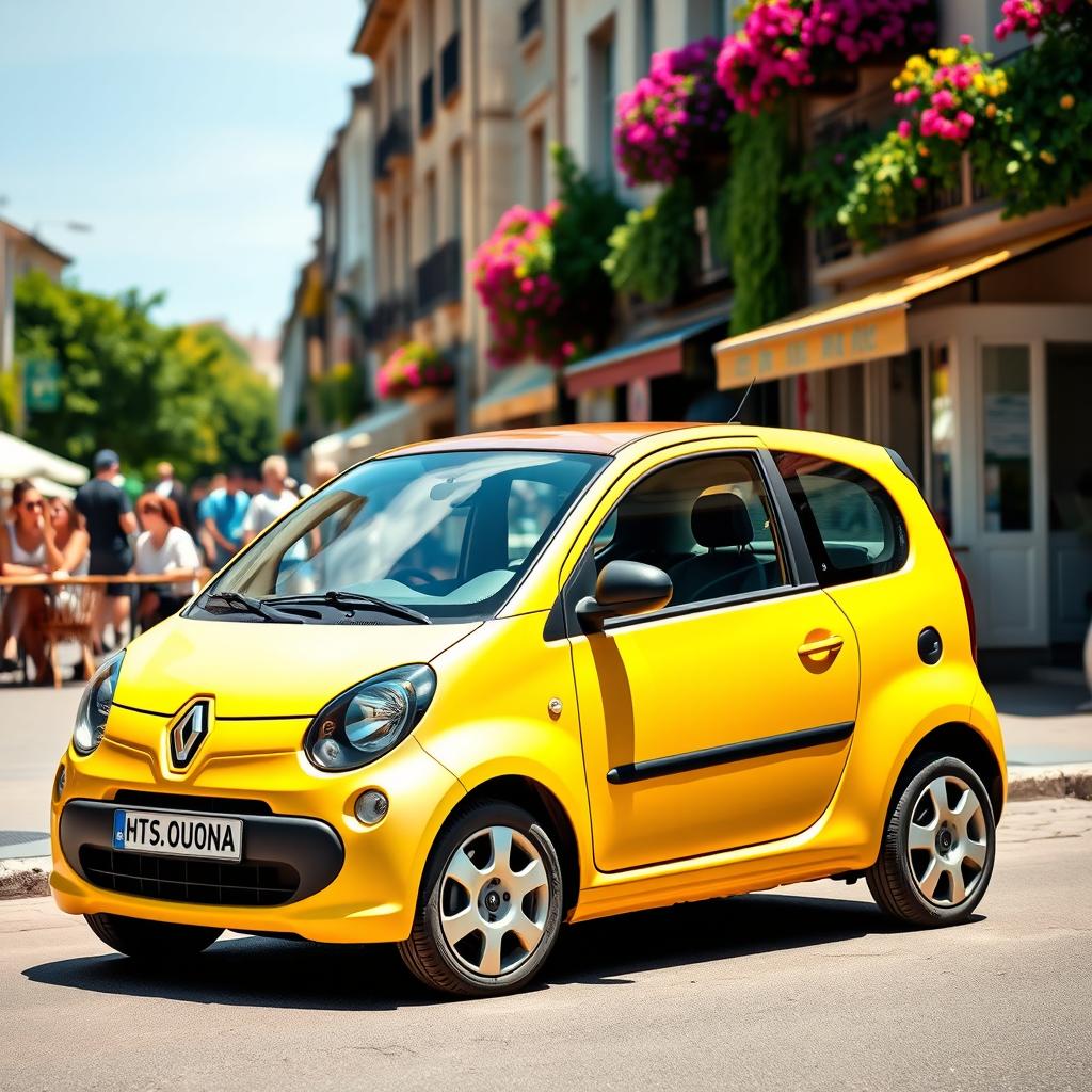 A colorful Renault Twingo, featuring its distinctive compact design, parked on a sunny street adorned with vibrant flowers