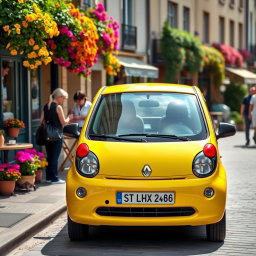 A colorful Renault Twingo, featuring its distinctive compact design, parked on a sunny street adorned with vibrant flowers