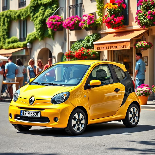 A colorful Renault Twingo, featuring its distinctive compact design, parked on a sunny street adorned with vibrant flowers