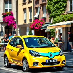 A colorful Renault Twingo, featuring its distinctive compact design, parked on a sunny street adorned with vibrant flowers