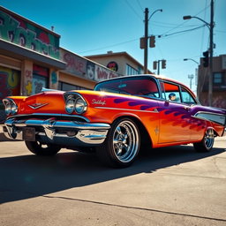 A vibrant and dynamic customization of a classic car, showcasing an eye-catching blend of bold colors and intricate designs