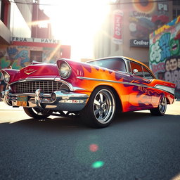 A vibrant and dynamic customization of a classic car, showcasing an eye-catching blend of bold colors and intricate designs