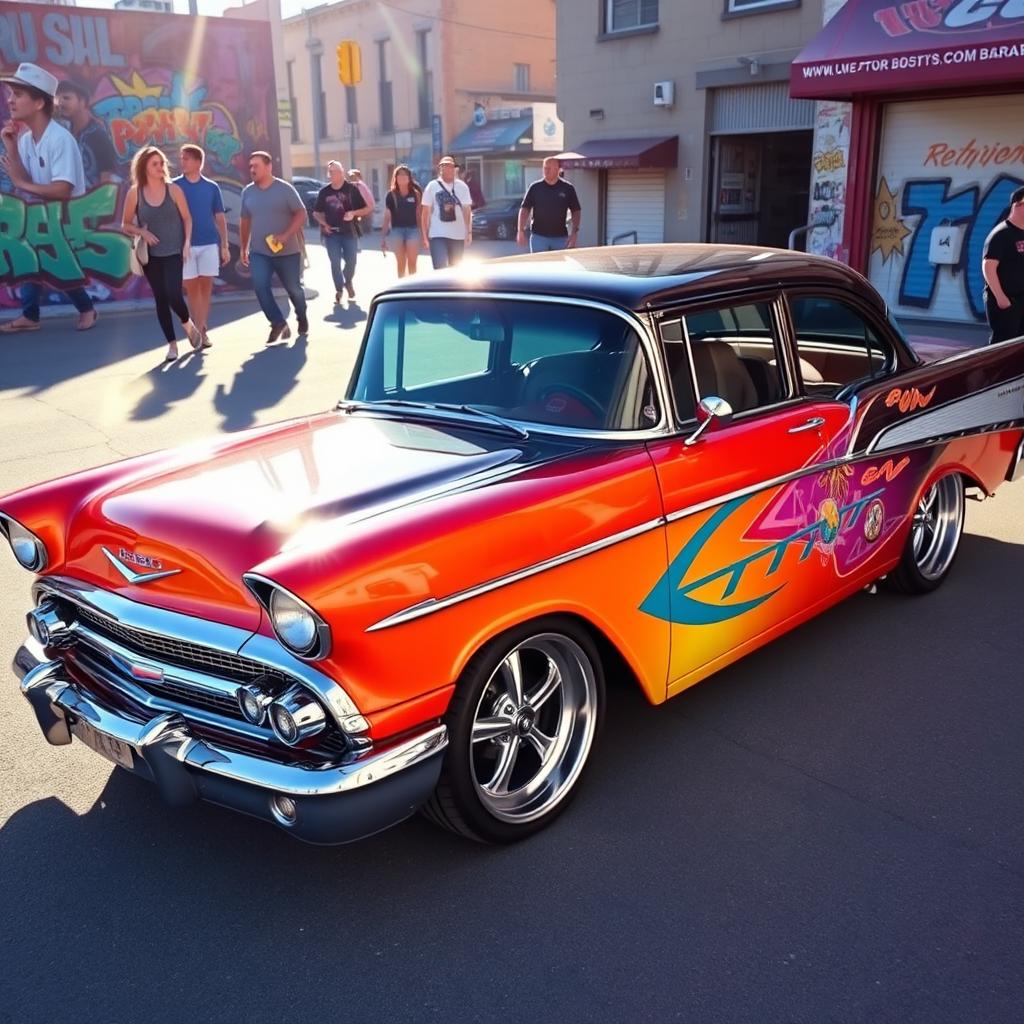 A vibrant and dynamic customization of a classic car, showcasing an eye-catching blend of bold colors and intricate designs
