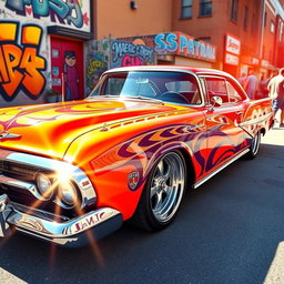 A vibrant and dynamic customization of a classic car, showcasing an eye-catching blend of bold colors and intricate designs