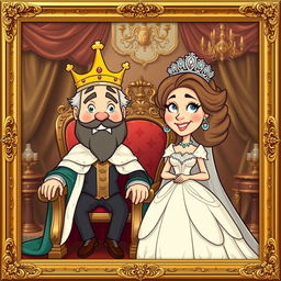 A whimsical cartoon reinterpretation of an 1800s painting featuring a king and queen, adorned in luxurious royal attire